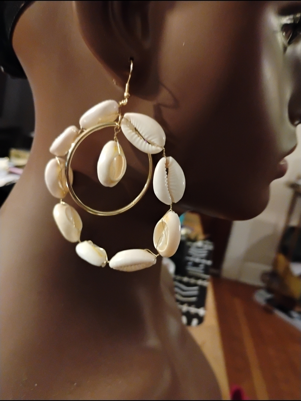 Love Tribe Gold Hoop Earrings with White Cowrie Shells nwot